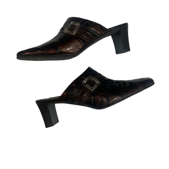 New Brighton Dark Brown Tudar Italian Patent Leather Crocodile Mule Heeled Clogs